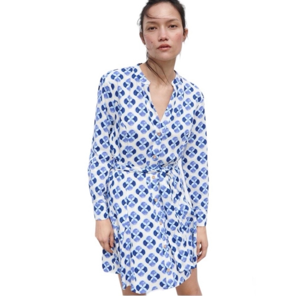 Zara Blue White Linen Blend Shirtdress Blogger Favorite Mini Dress Size Large